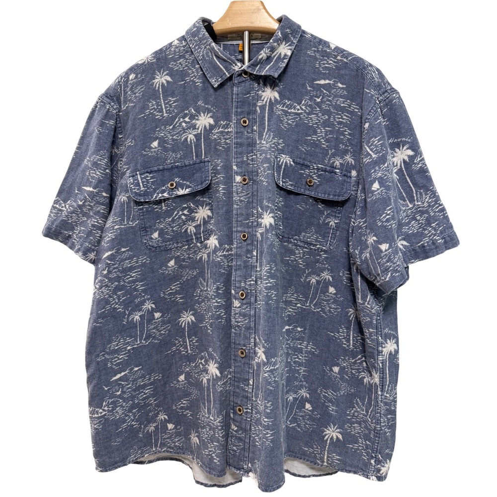 Tailor Vintage Mens XL Tropical Palm Tree Cotton Button Up Shirt Short Sleeve